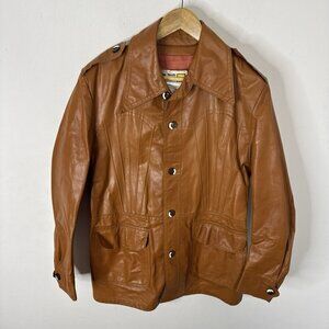 Vintage Sears Leather Jacket 40 Brown 70s Button Front Western Style Disco Coat